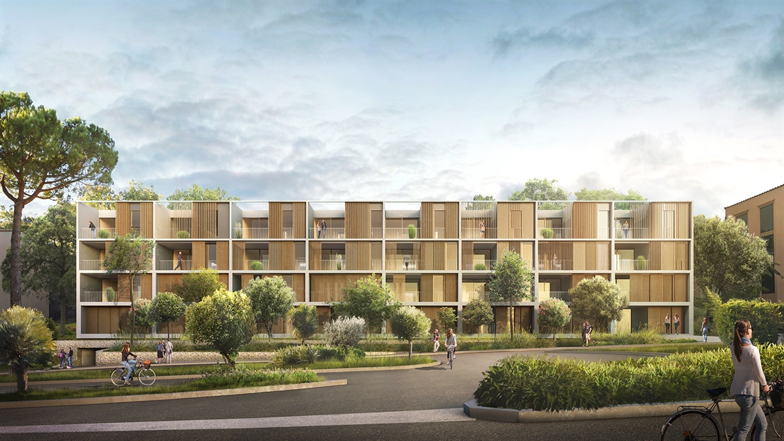 Rendu architectural d'un immeuble résidentiel contemporain avec loggias, terrasses, bardage bois et aménagements paysagers dans les Alpes-Maritimes.