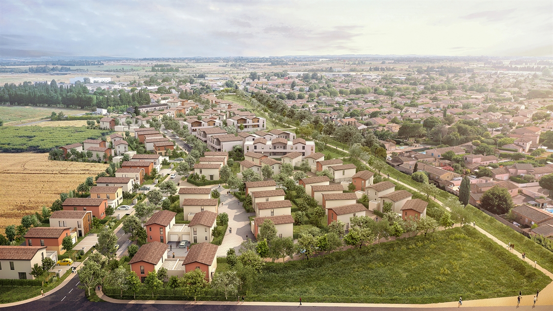 Vue aérienne photoréaliste de la ZAC Bonice à Bouillargues (30) — éco-quartier mixte, logements individuels et collectifs, parc, bassin de rétention, circulations douces — Robin Carbonneau Architectes