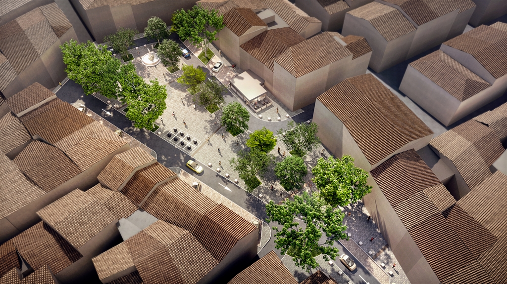 Vue aérienne photoréaliste rénovation place De Gaulle Cuers – dalles pierre, mobilier urbain et pistes cyclables en centre ancien