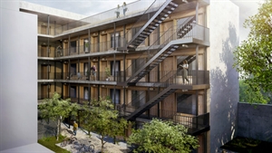 Vue d’ambiance d’une résidence étudiante à Leipzig, avec façades boisées et architecture contemporaine - ALine Hielscher Architektur - Studio GLOW
