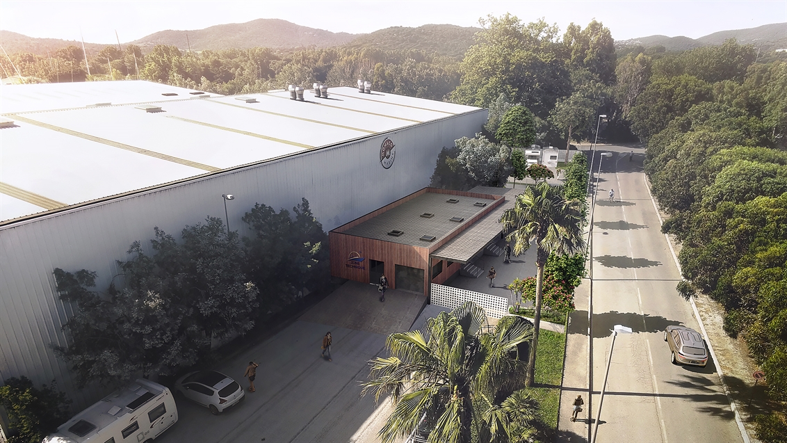 Photomontage architectural aérien réalisé à partir d'une vue drone pour un projet d'accueil portuaire à Cogolin.