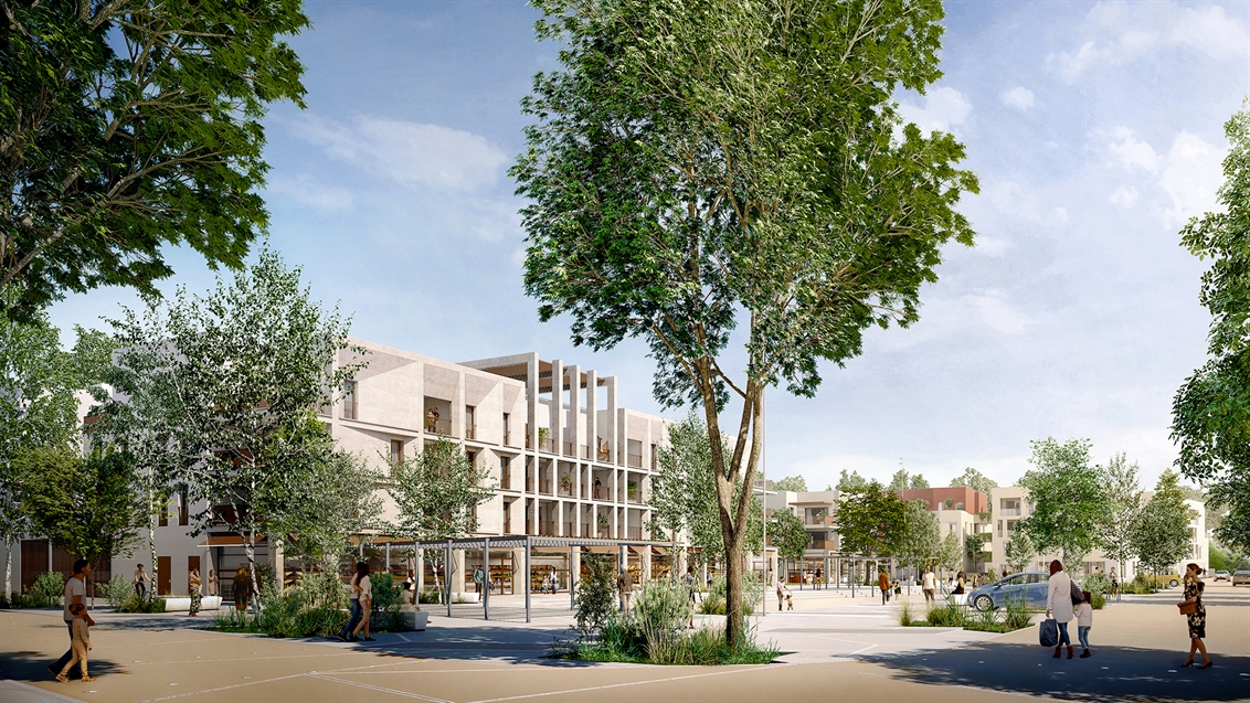 Perspective photoréaliste vue place centrale de la ZAC Font de Mauguio à Mauguio (34) – bâtiment mixte pierre claire portiques verticaux, commerces rez-de-chaussée, place publique arborée – L'Or Aménagement – illustration architecturale GLOW Montpellier