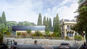 Perspective d’ambiance d’un centre SDIS à Roquebrune-sur-Argens avec architecture contemporaine et paysage méditerranéen