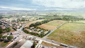 Perspective drone photoréaliste — ZAC de logements à Roujan (34), 
éco-quartier résidentiel, logements individuels et collectifs, 
espaces verts et paysage agricole — AJA Architectes-Urbanistes — illustration Glow-Arch