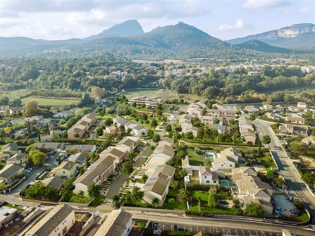 Photomontage architectural aérien réalisé à partir d'une vue drone pour un projet d'agroquartier dans l'Hérault.