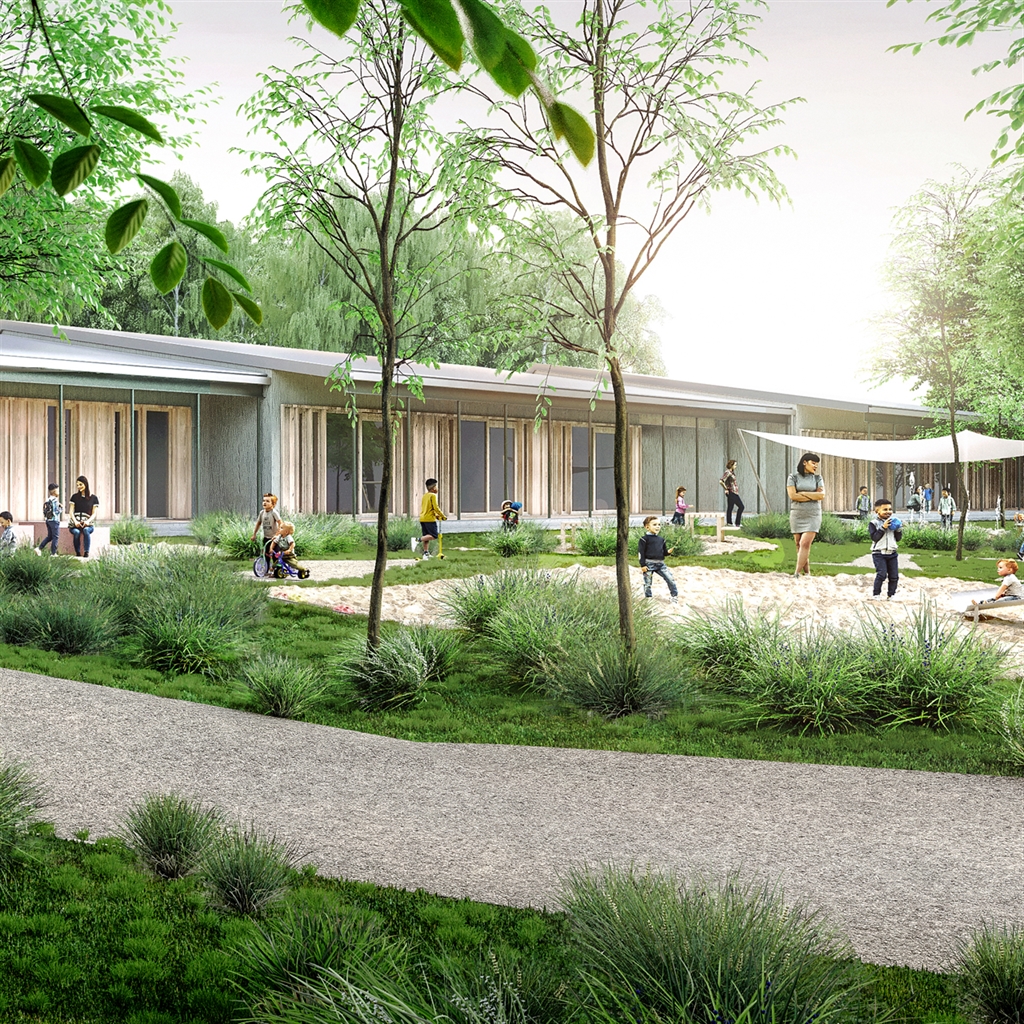 Détail taille réelle d'impression pour un rendu 3D cour école élémentaire Schönwald – jeux d'enfants, végétation et cheminement béton désactivé